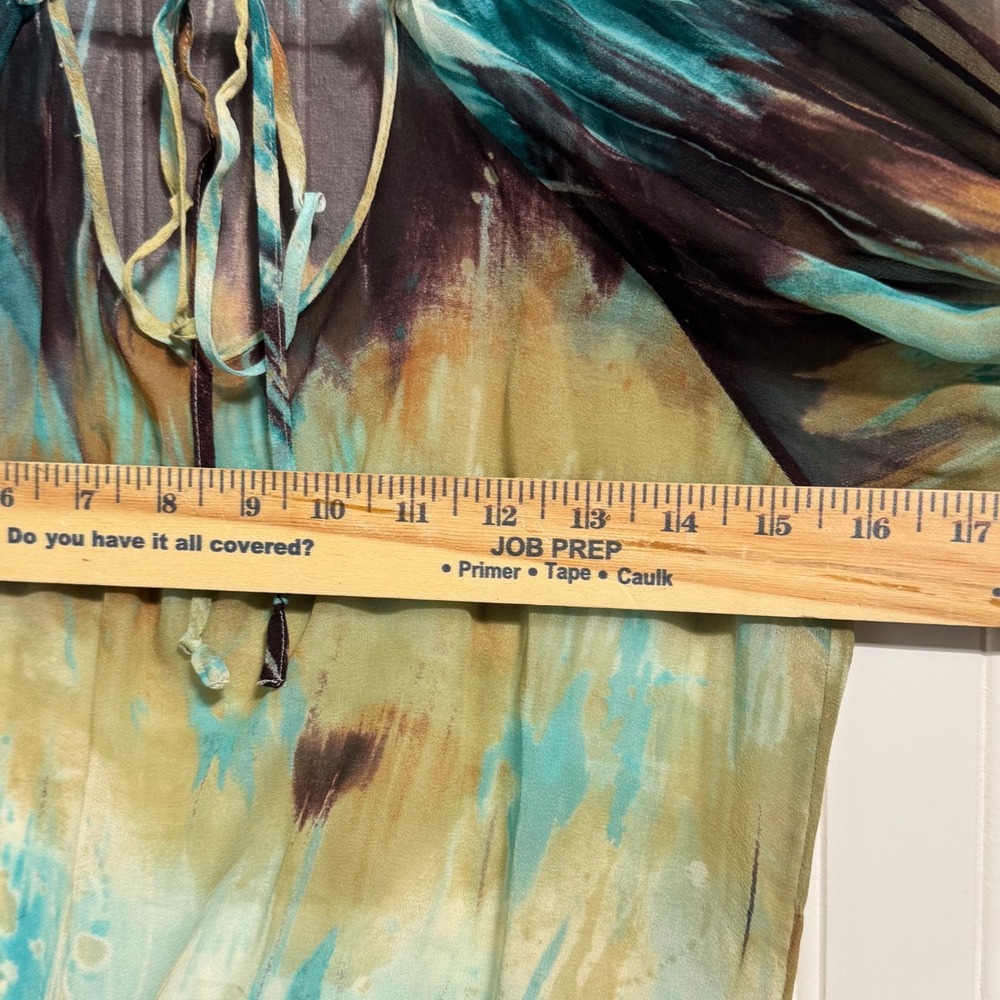 Karen Kane 100% Silk Abstract Blouse Smocked Waist Tie Neck Blue Brown XS Y2K - Picture 4 of 9